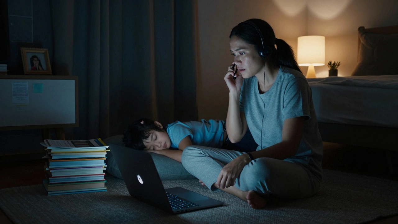 A mother in Bangkok sits beside her sleeping child while conducting a live cam session, schoolbooks and a photo frame visible nearby.