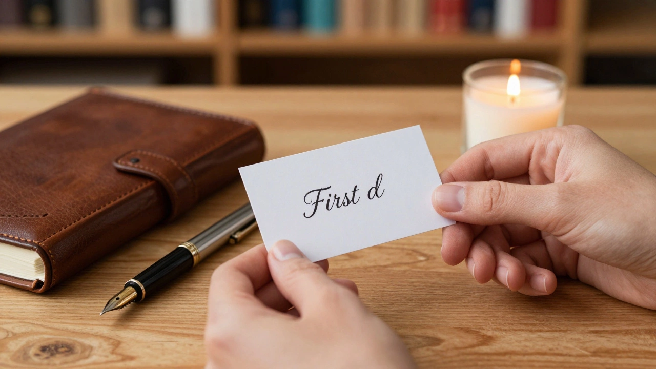 A woman&#039;s hands placing a minimalist business card on a wooden desk with a journal.
