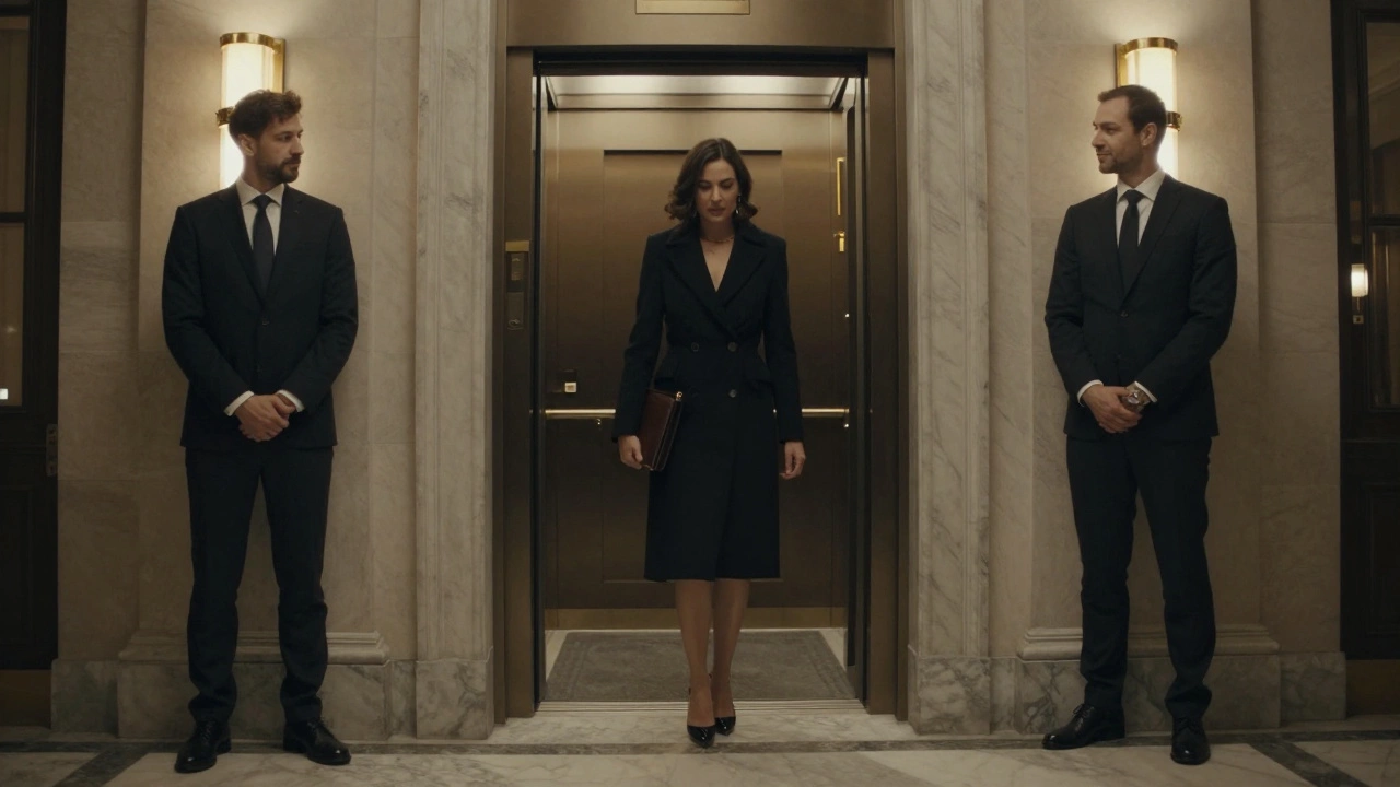 A woman and man meeting discreetly in a luxury hotel lobby at night.