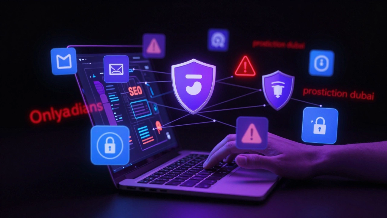 Digital icons and warning symbols float around a keyboard, representing the hidden tech work sex workers use to stay safe online.